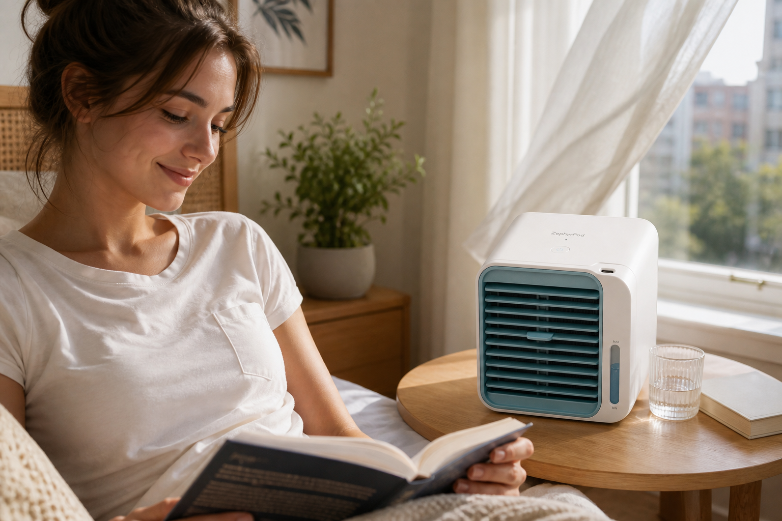 ZephyrPod Mini cooling a bedside space